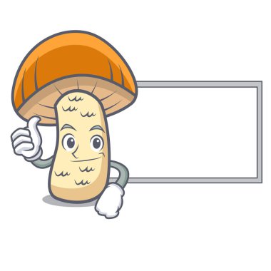 Başparmak yukarıya kurulu turuncu kap çörek mantar karakter karikatür ile