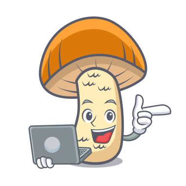 Dizüstü turuncu kap çörek mantar karakter karikatür ile