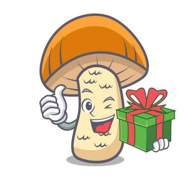 Hediye turuncu kap çörek mantar maskot karikatür ile