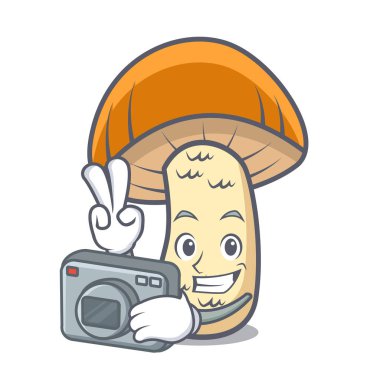 Fotoğrafçı turuncu kap çörek mantar maskot çizgi film