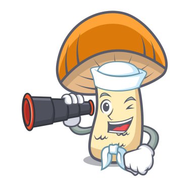 Denizci dürbün turuncu kap çörek mantar maskot karikatür vektör çizim ile
