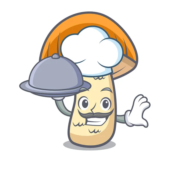 Chef avec casquette orange alimentaire bolet champignon mascotte dessin animé — Image vectorielle