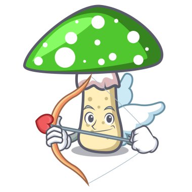 Aşk tanrısı yeşil amanita mantar karakter karikatür vektör çizim