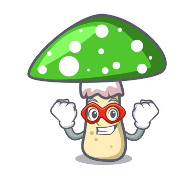 Süper kahraman yeşil amanita mantar karakter karikatür vektör çizim