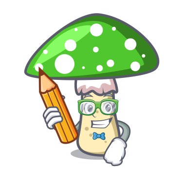 Öğrenci yeşil amanita mantar karakter karikatür vektör çizim