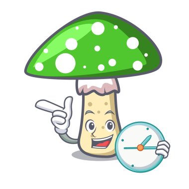 Saat yeşil amanita mantar karakter karikatür vektör çizim ile