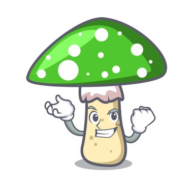 Başarılı yeşil amanita mantar karakter karikatür vektör çizim