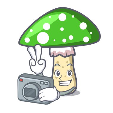 Fotoğrafçı yeşil amanita mantar maskot karikatür vektör çizim