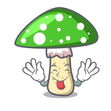 Yeşil amanita mantar maskot karikatür vektör çizim dil