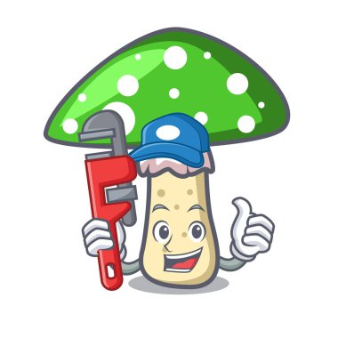 Tesisatçı yeşil amanita mantar maskot karikatür vektör çizim