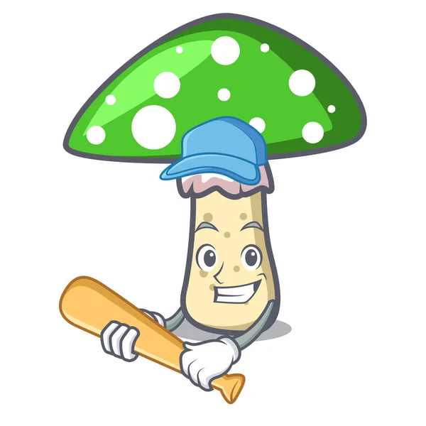 Jugar Béisbol Amanita Verde Personaje Seta Ilustración Vector Dibujos Animados — Vector de stock