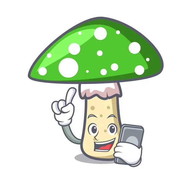 Con Teléfono Amanita Verde Carácter Seta Ilustración Vector Dibujos Animados — Vector de stock