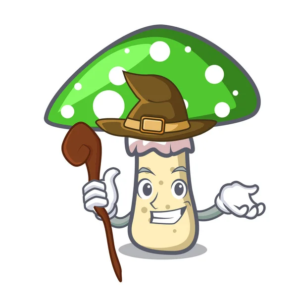 Bruja Verde Amanita Seta Mascota Dibujo Animado Vector Ilustración — Vector de stock