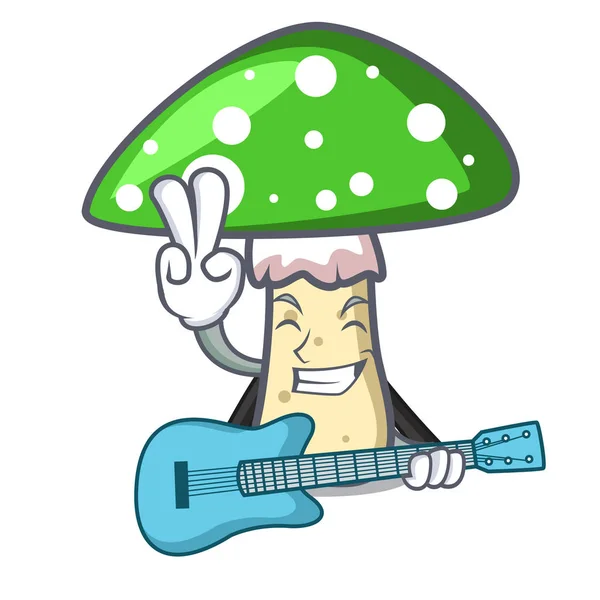 Con Guitarra Verde Amanita Seta Mascota Dibujo Animado Vector Ilustración — Vector de stock