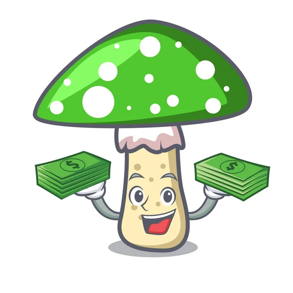 Con Dinero Bolsa Verde Amanita Champiñón Mascota Dibujo Animado Vector — Vector de stock