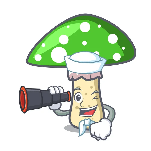 Sailor Binocular Green Amanita Mushroom Mascot Cartoon Vector Illustration — Stock Vector