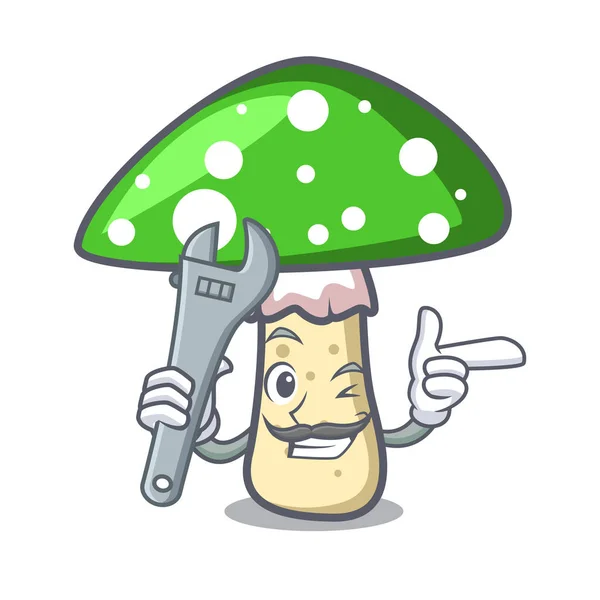 Mecánico Amanita Verde Seta Mascota Dibujo Animado Vector Ilustración — Vector de stock