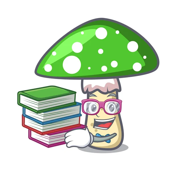 Estudante Com Livro Verde Amanita Cogumelo Mascote Cartoon Vetor Ilustração — Vetor de Stock