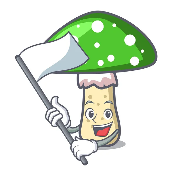 Con Bandera Verde Amanita Seta Mascota Dibujo Animado Vector Ilustración — Vector de stock