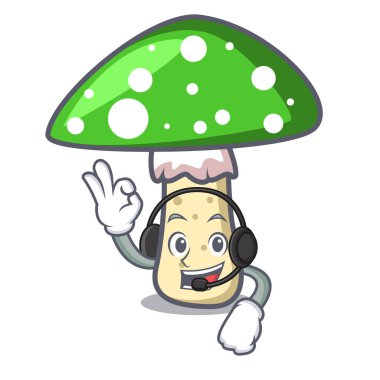 Kulaklık yeşil amanita mantar maskot karikatür vektör çizim ile
