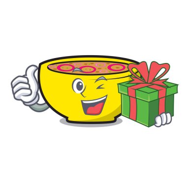 Hediye çorba Birliği maskot karikatür vektör çizim ile