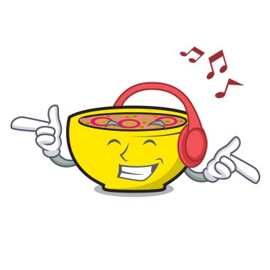 Dinleme müzik çorba Birliği maskot karikatür vektör çizim