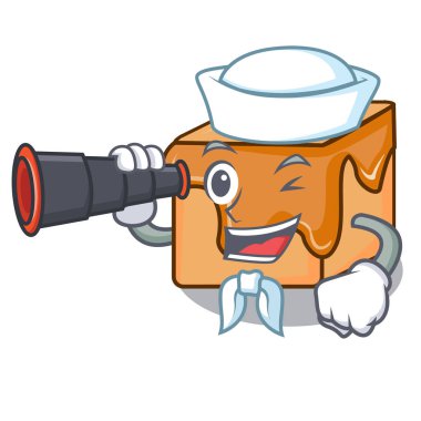 Denizci dürbün karamel ile maskot karikatür vektör çizim şekerler