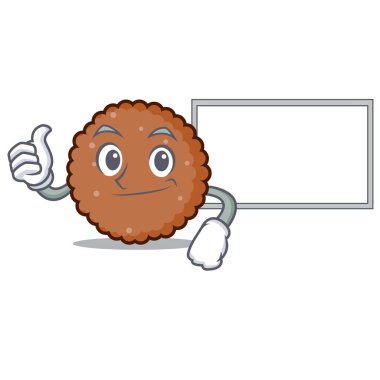 Başparmak yukarıya kurulu çikolata bisküvi ile karikatür karakter