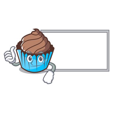 Başparmak yukarıya kurulu çikolatalı kek karakter karikatür ile