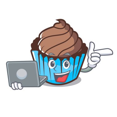 Dizüstü çikolatalı kek karakter karikatür ile