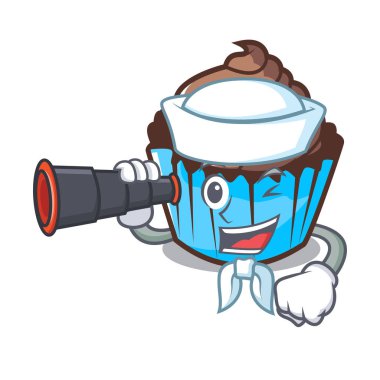 Denizci dürbün çikolatalı kek maskot karikatür ile