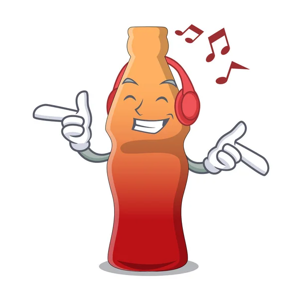 Ascolto musica cola bottiglia gelatina caramelle mascotte cartone animato — Vettoriale Stock