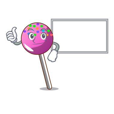 Başparmak yukarıya ile Yönetim Kurulu lolipop şeker ile karikatür karakter