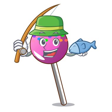 Lolipop şeker maskot karikatür ile Balık tutma