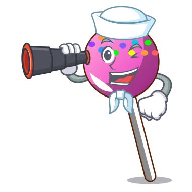 Denizci ile sprinkles maskot karikatür ile dürbün lolipop