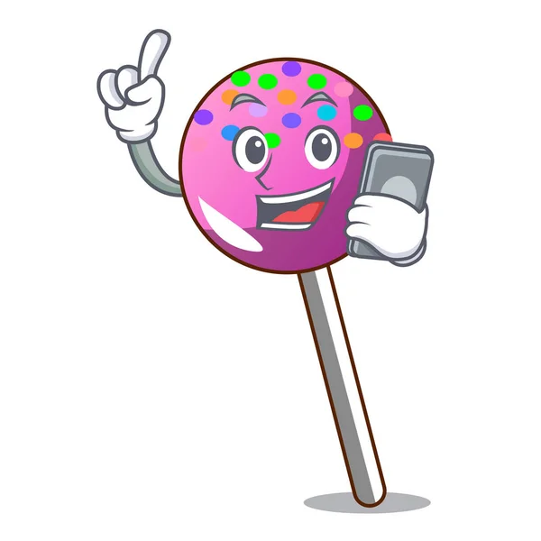 Con lollipop teléfono con salpicaduras personaje de dibujos animados — Vector de stock