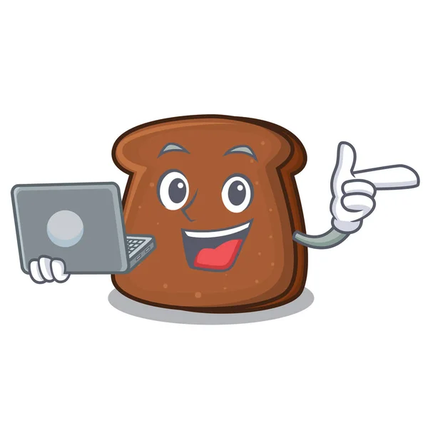लॅपटॉप तपकिरी ब्रेड वर्ण कार्टूनसह — स्टॉक व्हेक्टर