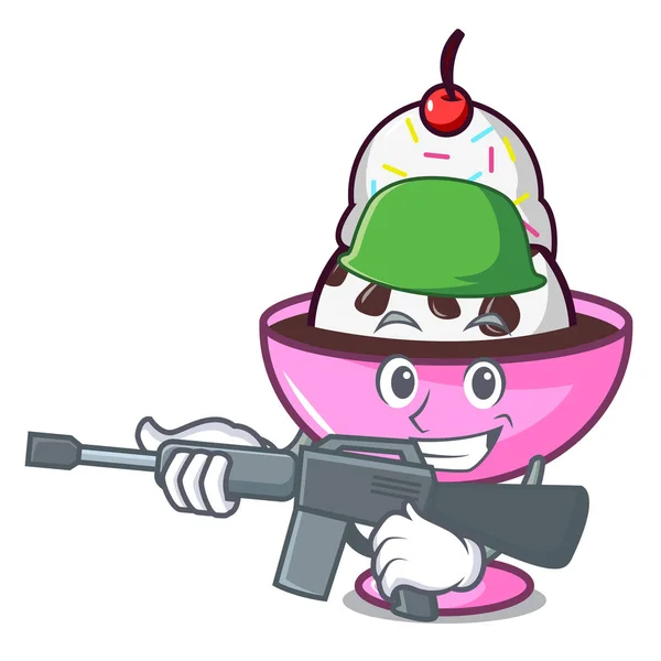 Exército sorvete sundae personagem desenhos animados — Vetor de Stock