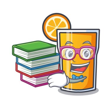 Öğrenci kitap portakal suyu maskot karikatür ile
