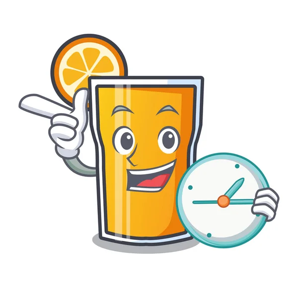 Con reloj zumo de naranja personaje de dibujos animados — Vector de stock