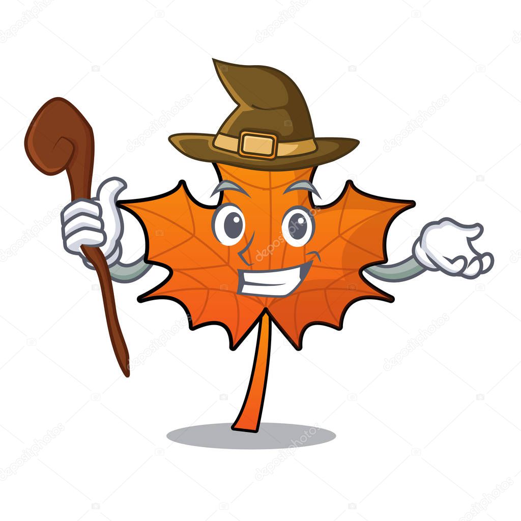 Witch red maple leaf mascot cartoon vector illustration
