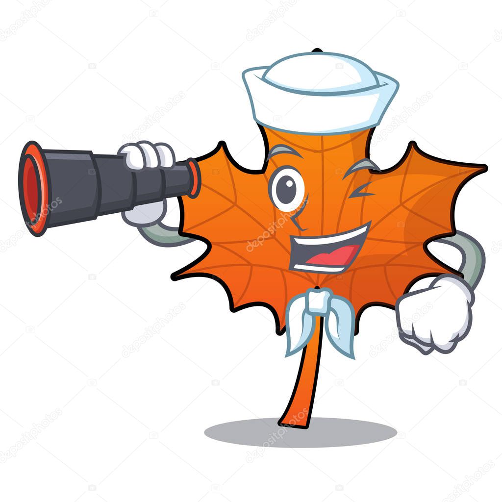 Sailor with binocular red maple leaf mascot cartoon vector illustration