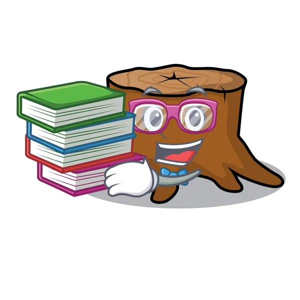 Studente con libro albero ceppo mascotte cartone animato — Vettoriale Stock