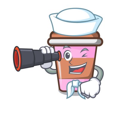 Denizci dürbün kahve Kupası maskotu karikatür vektör çizim ile