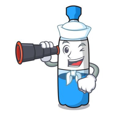 Denizci dürbün su şişesi maskot karikatür vektör çizim ile