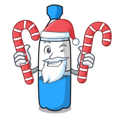 Santa şeker su şişesi maskot karikatür vektör çizim ile