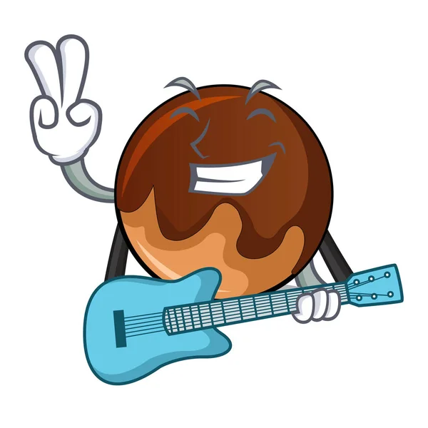 Con la mascota de la dona de chocolate guitarra de dibujos animados — Vector de stock