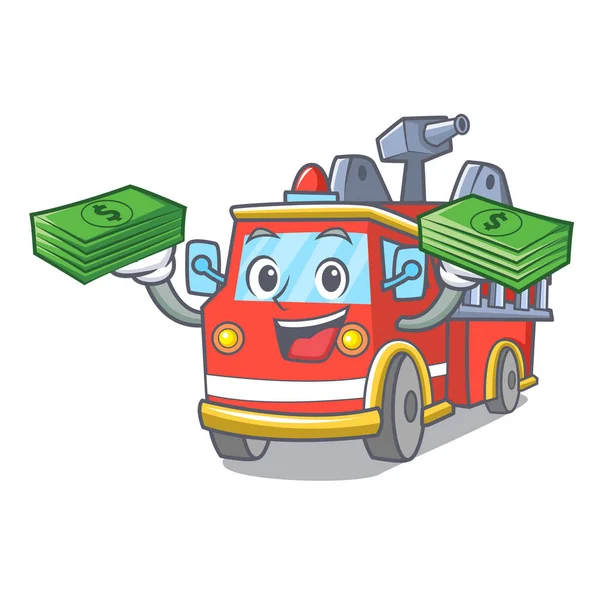 Con bolsa de dinero camión de bomberos mascota de dibujos animados — Vector de stock