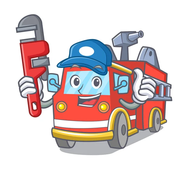 Instalatér požár kamionu kreslený maskot — Stockový vektor