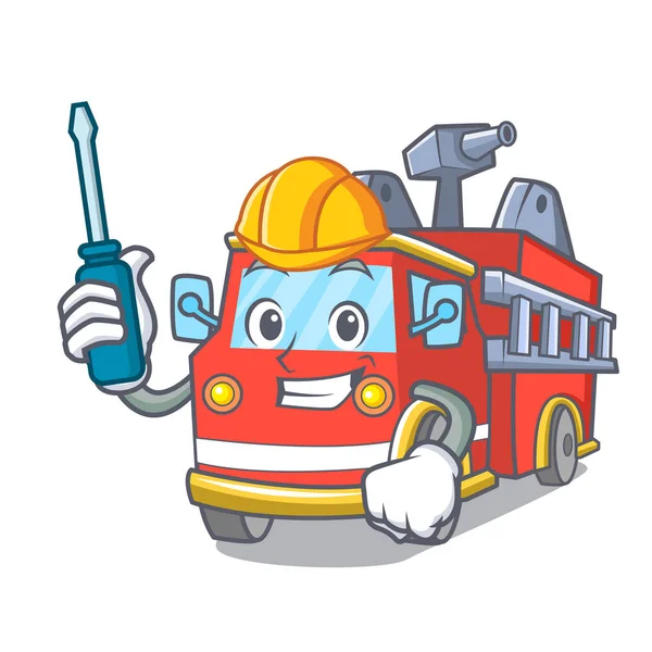 Camión de bomberos automotriz mascota de dibujos animados — Vector de stock
